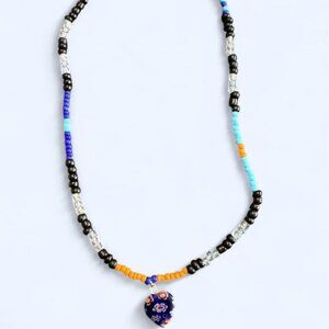 Boho beaded necklace with lamp work heart charm